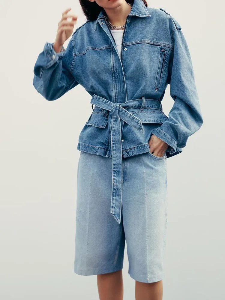 Jaqueta Jeans Fena Nova de Primavera com Manga Longa, Cintura Marcada, Gola Virada, Estilo Casual para o Dia a Dia, Caime...