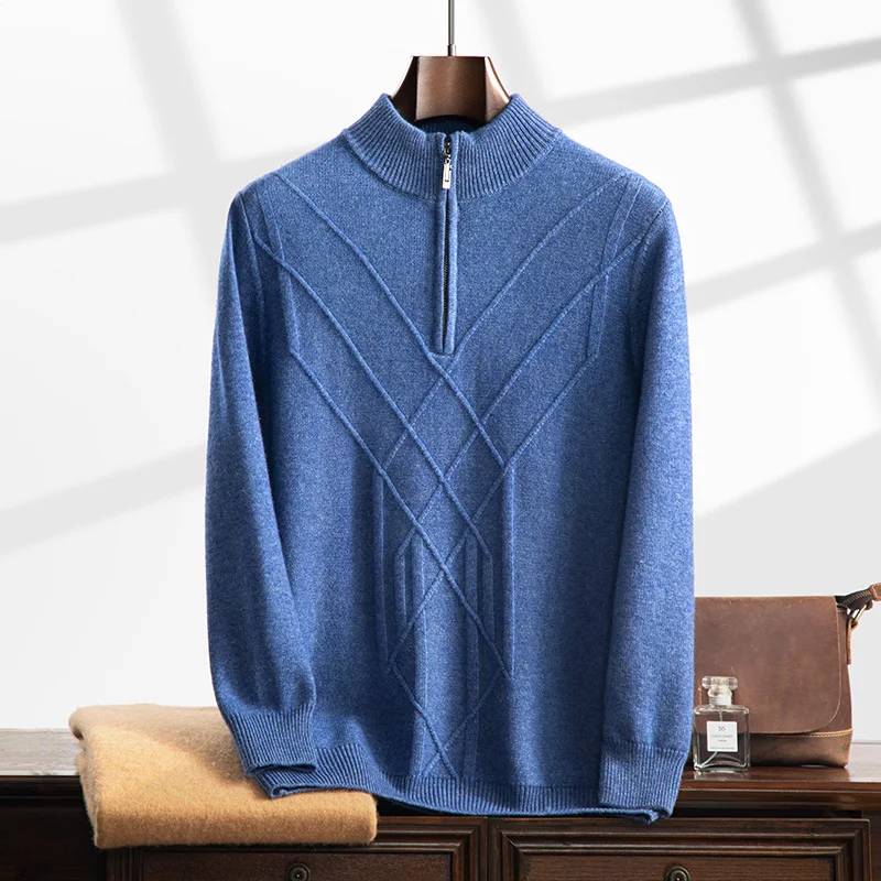 Striped autumn/winter new 100% cashmere men's half turtleneck jumper slim warm knit solid color long sleeve top