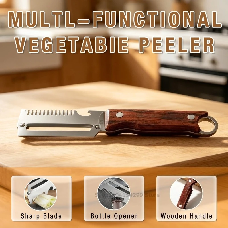 Vegetable Shredding Cabbage Slicing Knife Fruit and Vegetable Peeler Multifunctional 3-in-1  with Wooden Handle  Kitchen Tool