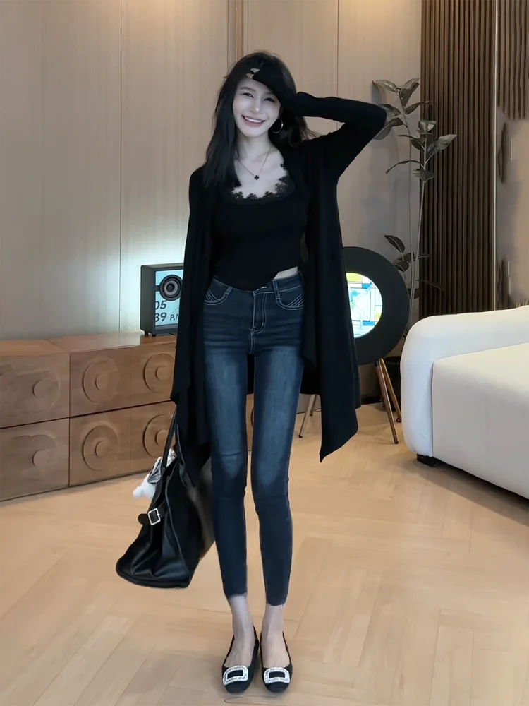 

American Style High Waist Slim Fit Denim Jeans Women's Tight Elastic Pencil Nine Point Pants Autumn New Deep Blue Butt Lifting