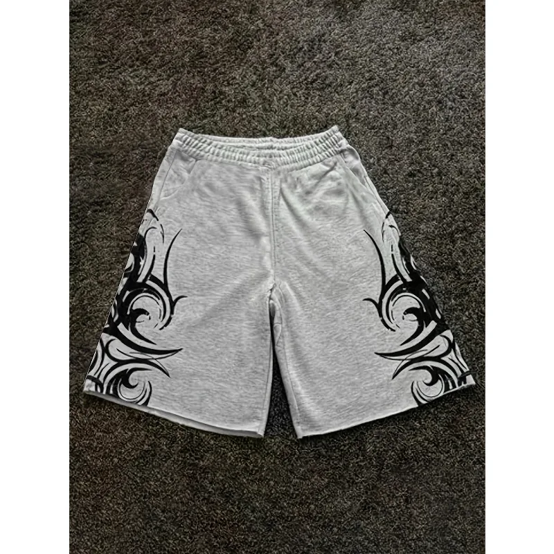Hellgraue Y2K Retro-Shorts mit Dornenmuster – lockere 1/5-Shorts im Retro-Subkultur-Streetwear-Stil mit Kordelzug in der Taille – Detail 6