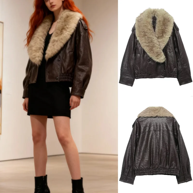 

Женская модная сексуальная кожаная куртка с меховым воротником, осенняя модная тенденция 2024, повседневная шикарная верхняя одежда для женщин