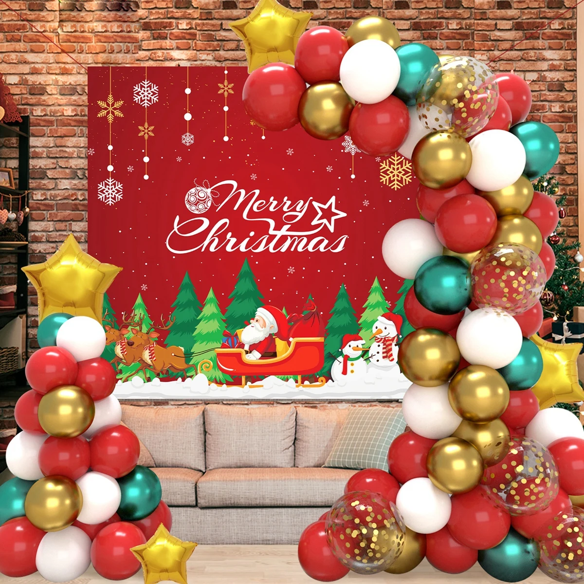 Merry Christmas Green Gold Red Balloon Birthday Backdrop Set Garland Arch Explosion Star Foil Balloons New Year Party Supplies