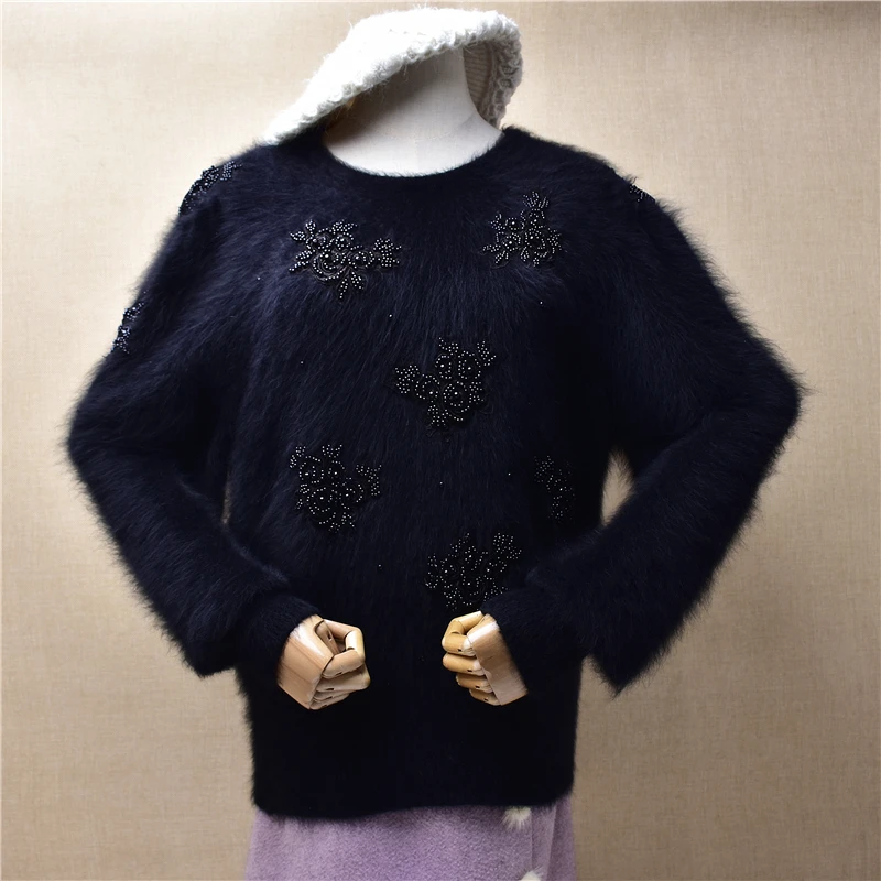 Ladies Women Vintage Hairy Embroidery Beaded Angora Rabbit Hair Knitted Long Lantern Sleeves O-Neck Loose Pullover Sweater Pull