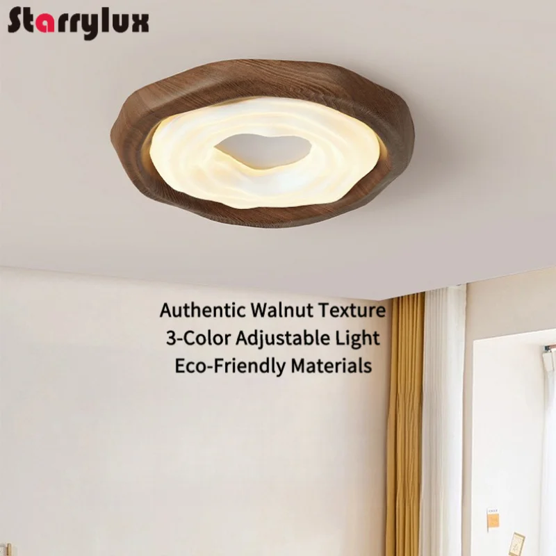 

Wabi-Sabi Full Spectrum LED Ceiling Light, Walnut Wood Texture, 3-Color Dimmable for Bedroom/Living Room