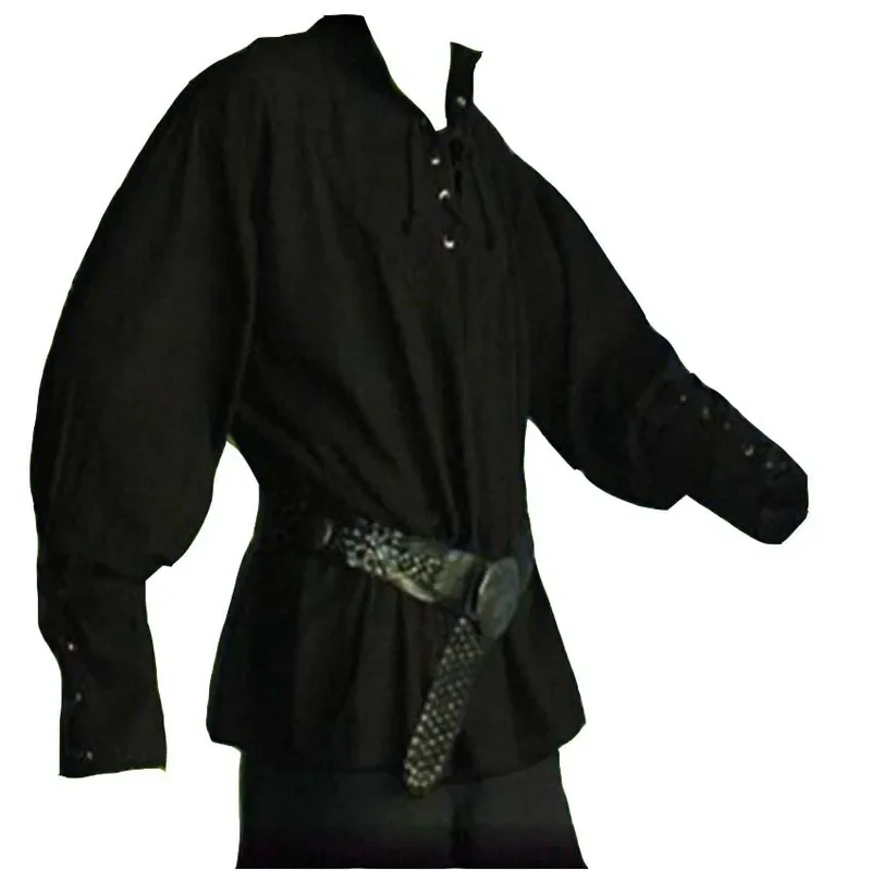 Men Medieval Renaissance Grooms Pirate Reenactment Larp Costume Lacing Up Shirt Bandage Top Middle Age Clothing Adult Pants Belt