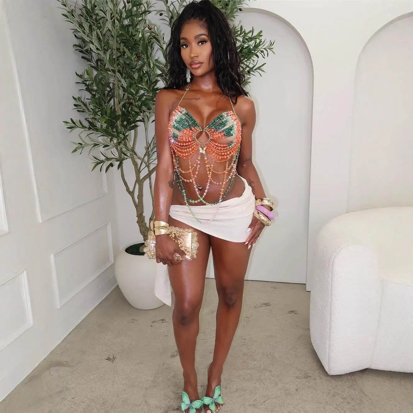 

Fashionable Beaded Bra Necklace Gem Body Chain Vest Cross-Border Women's Sexy Short-Sleeved Top with Shoulder Straps