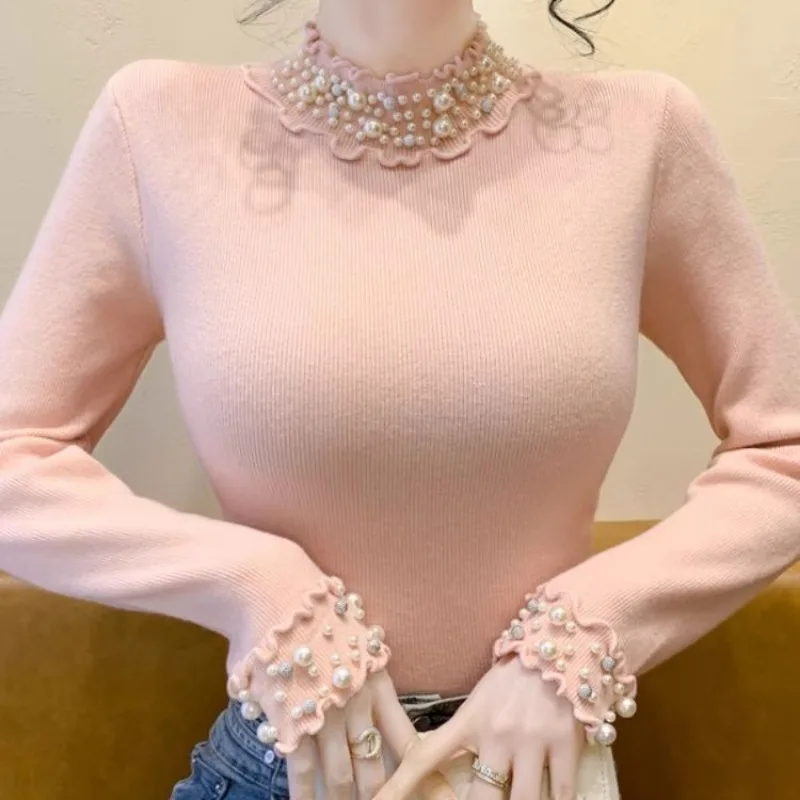 قميص Sweet Fungus Ee نصف الياقة المدورة المحبوك للنساء لخريف وشتاء سترة جديدة بقصة ضيقة #1