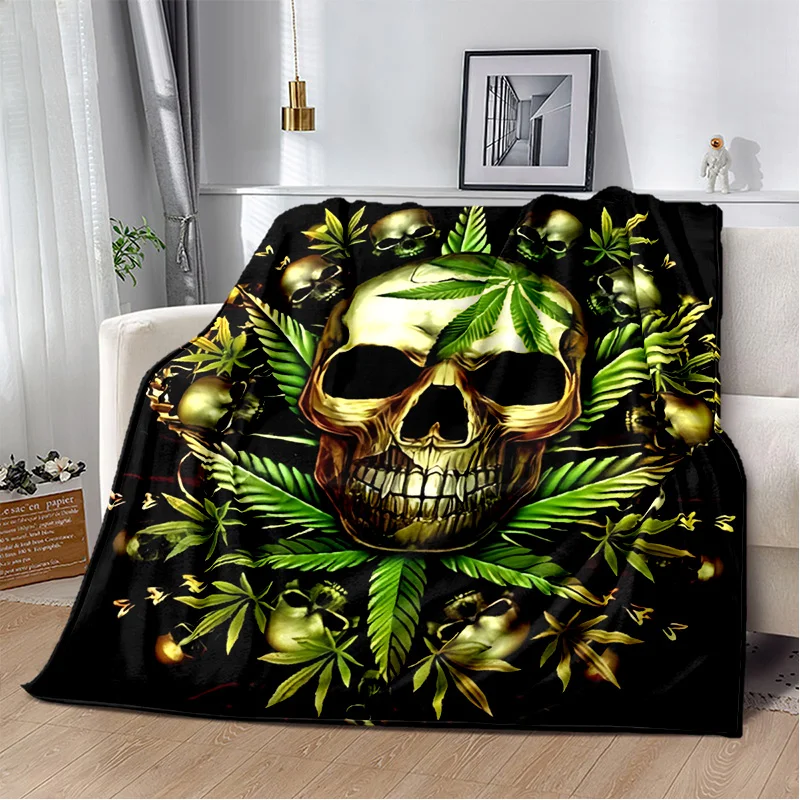 Eye-Catching Blanket with Skull and plant Cannabis Sativa L Weeds Patterns Perfect for Beds and Picnics throw blanket