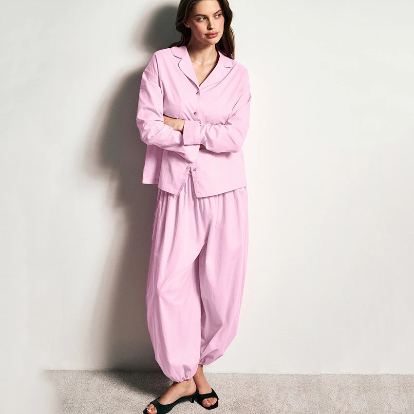 

HiLoc Casual Pink Pajamas Suits Women Home Single Breasted Blouse With Drawstring Trousers 2 Piece Sets 2026 Long Sleeve Pyjamas