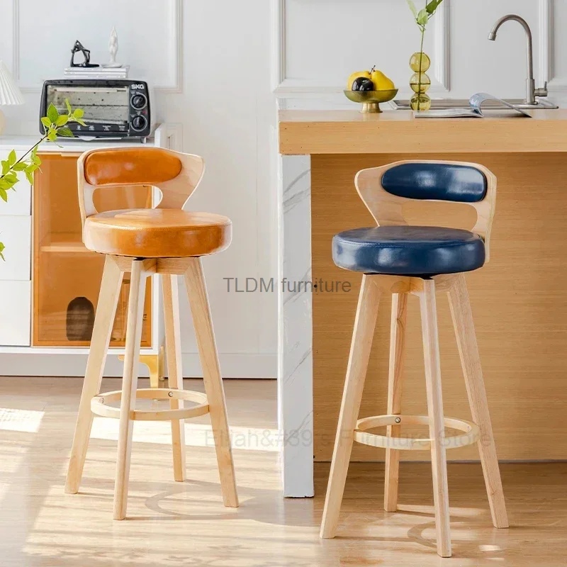 

European Solid Wood Bar Chairs Retro Kitchen Furniture Creative Rotating Back High Bar Chair Luxury Home Cafe Front Desk stool