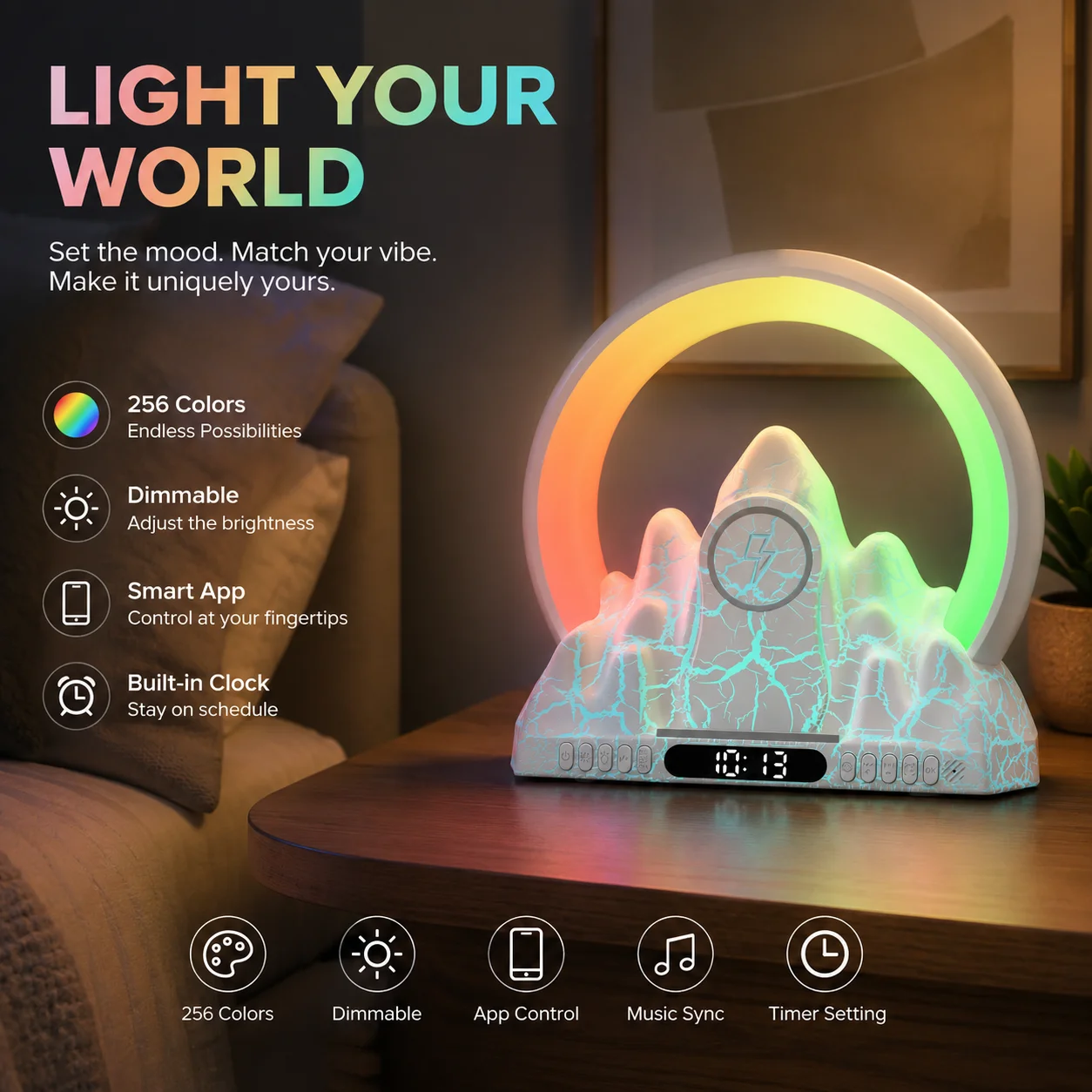 WWPPU WWPPU Volcano Sunrise Wake‑Up Light Tuya Smart App Bluetooth Speaker G‑Shape Decor Night Table Lamp