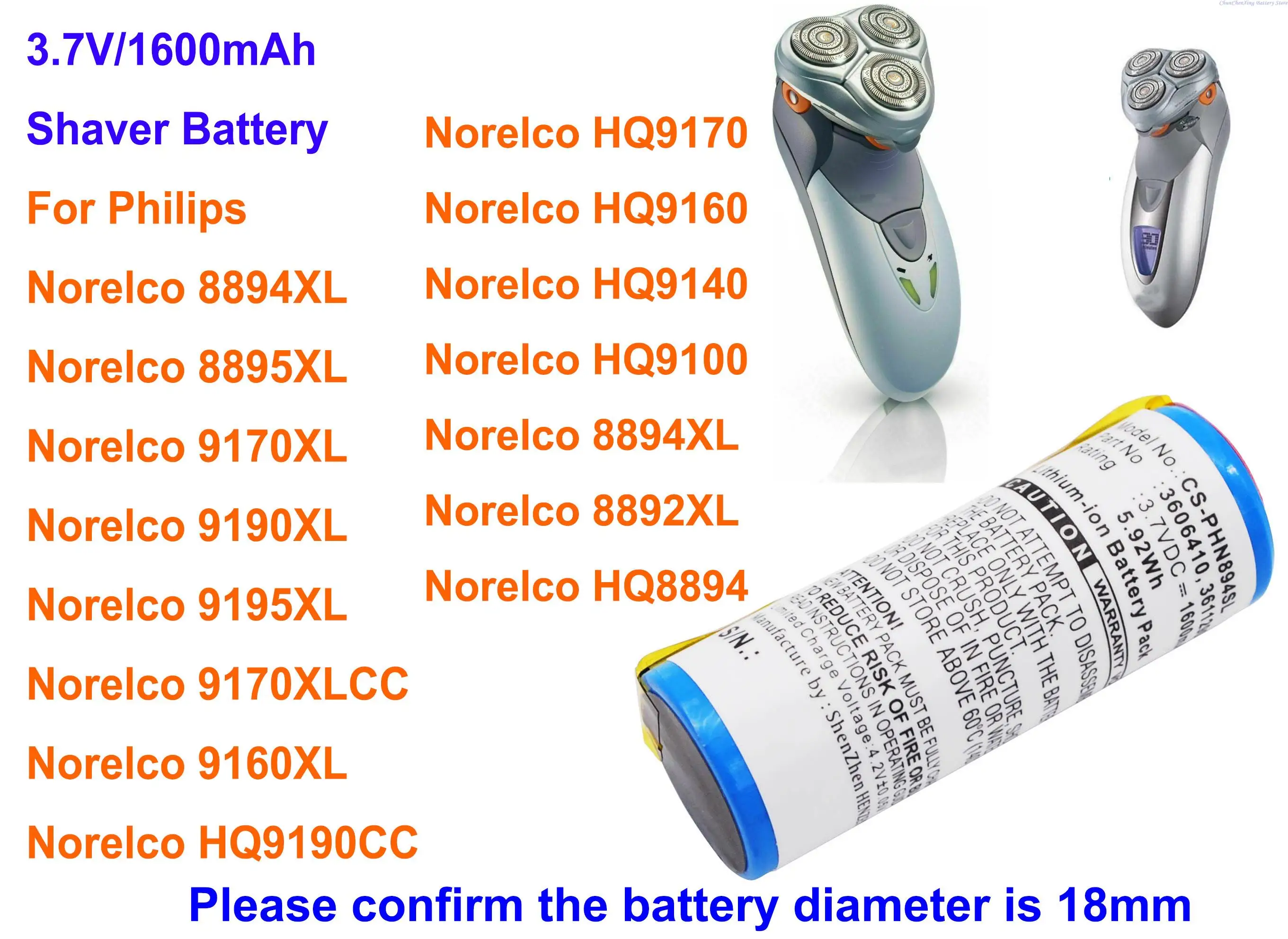 1600mAh Shaver Battery for Philips Norelco 8892XL,8894XL,8895XL,9160XL,HQ8894,HQ9100,HQ9140,HQ9160,9190XL,9195XL