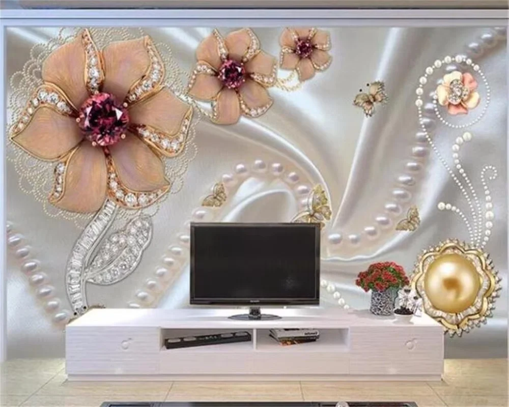 

Custom 3D wallpaper large mural jewelry flowers wallpaper living room bedroom white gold jewelry flower backdrop room decoration