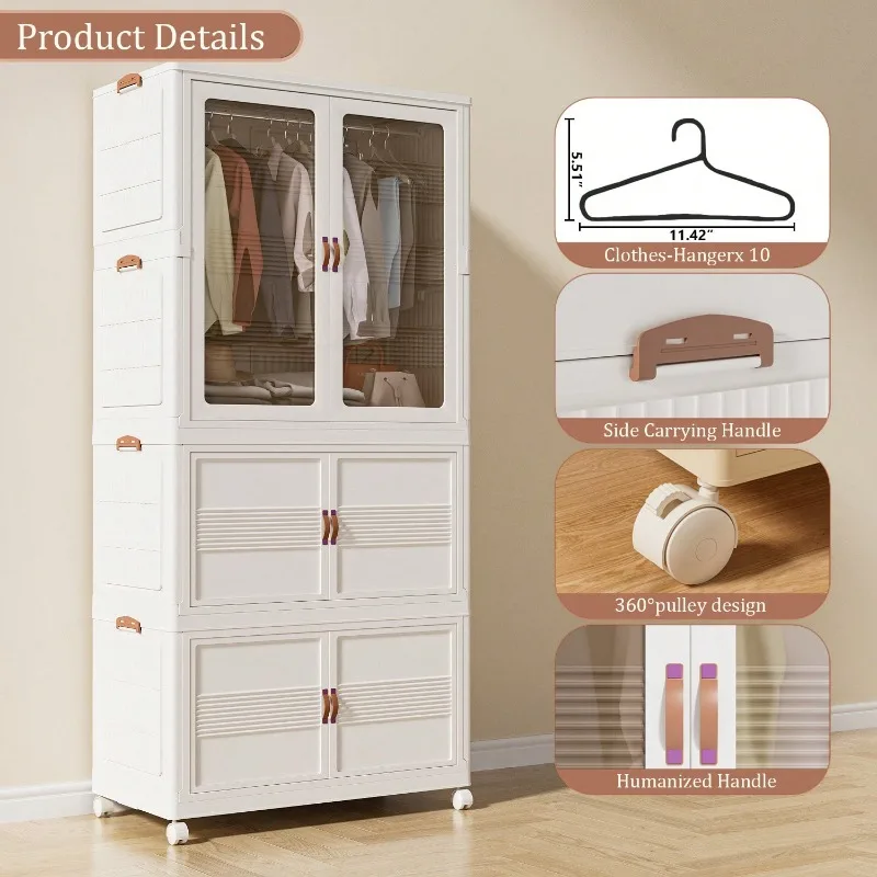 Living Room Furniture Multi Layer Plastic Storage Cabinet With Door And 4 Rollers, Foldable Large Capacity Stackable Storage Box, Portable Storage Box, Suitable For Offices, Kitchens, Living Rooms And Bedrooms, Apartments