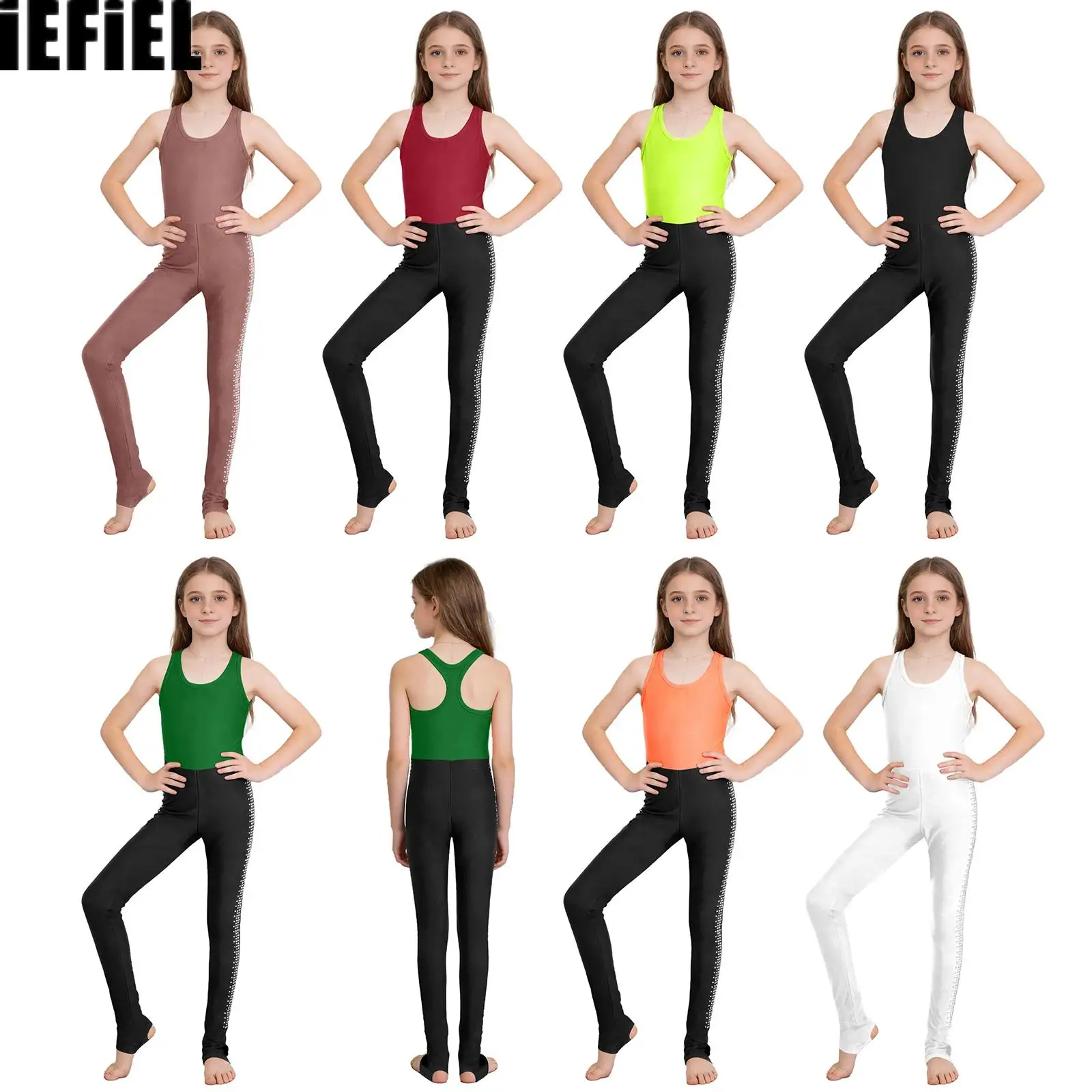 

Kids Girls Ballet Jumpsuit Sleeveless U Neck Shiny Rhinestones Color Block Stirrup Style Bodysuit for Gymnastics