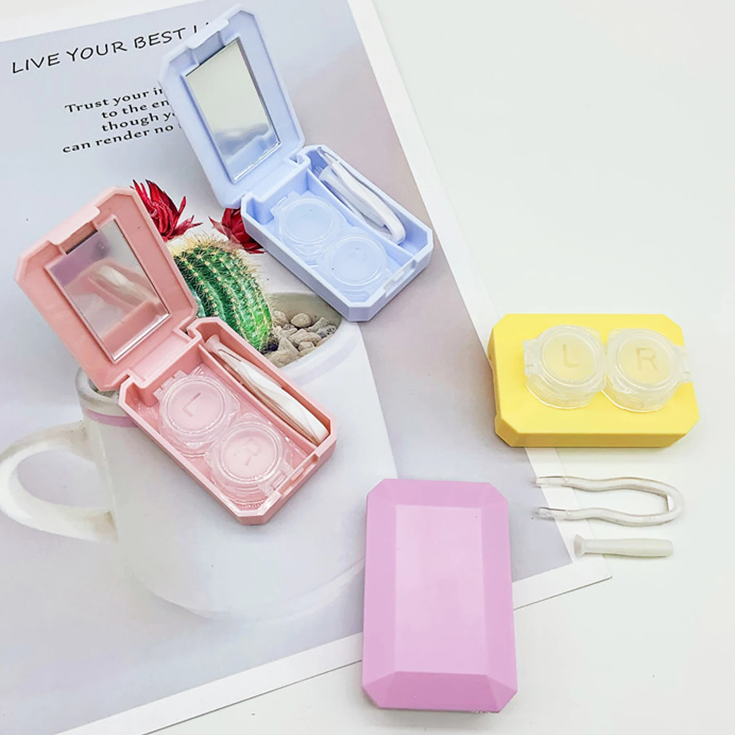 

Candy Color Contact Lenses Box Solid Color Portable Contact Lens Case with Tweezer Suction Stick Set for Travel Kit Holder