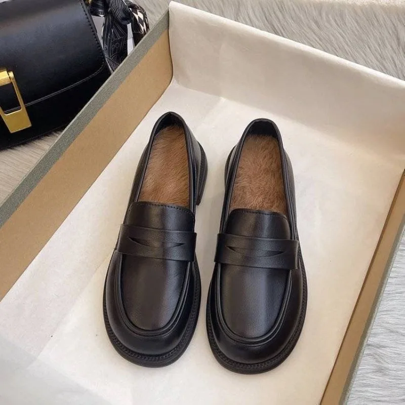 

Женские лоферы из натуральной кожи в корейском стиле, теплая обувь без шнуровки на толстой плоской подошве с флисовой подкладкой, универсальная осенне-зимняя обувь