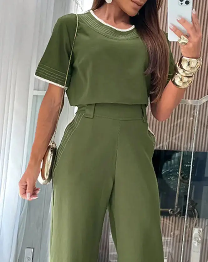 

2023 New Fashion Elegant 2 Pieces Outfit Short Sleeve Pullover Top Elastic Waist Wide Leg Pants Set Casual Contrast Paneled Set
