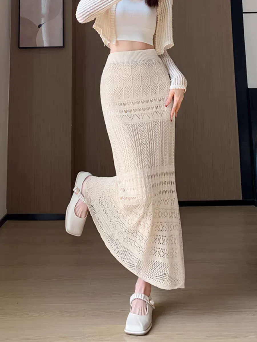 

Skirts Women Trumpet High Waist Long Female Summer Elegant Knitted Hollow Out Fahison Skirt Bottom