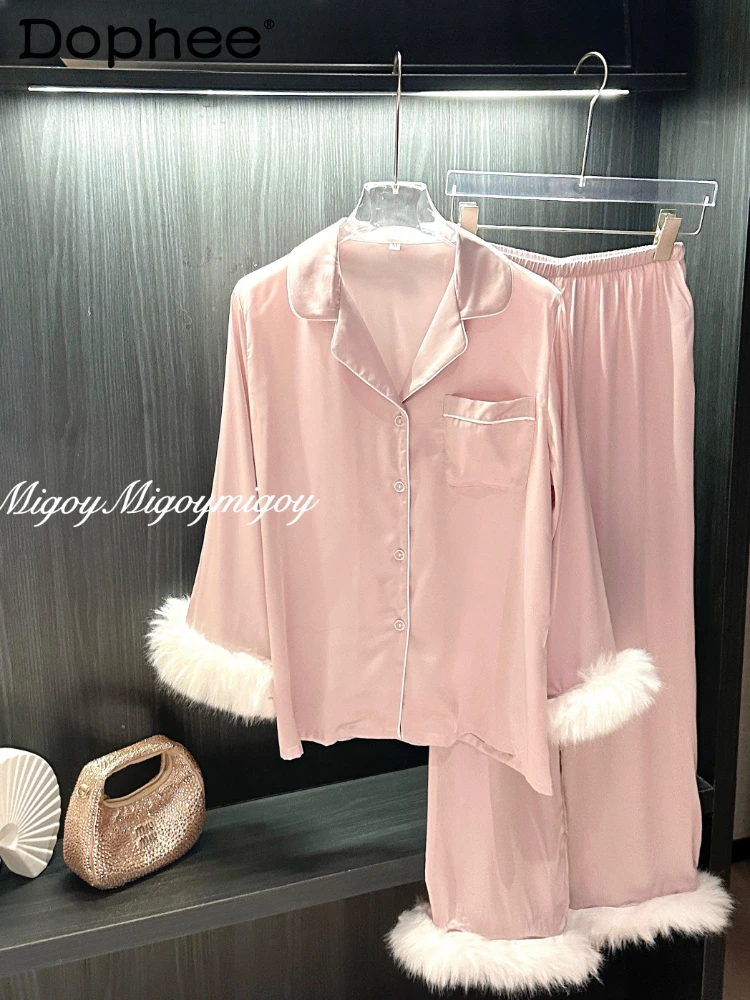 

2025 New Feather Long Sleeve Satin Ice Silk Pajamas High-end Cool Comfortable Casual Breathable Homewear Set