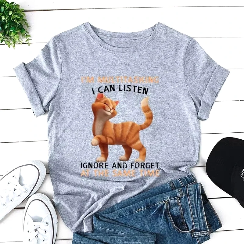 Camisetas con bonito gato I'm Always Multitking para mujer, camisetas informales a la moda de verano, camisetas con cuello redondo, camisetas de Mis mejores amigos de Kitty