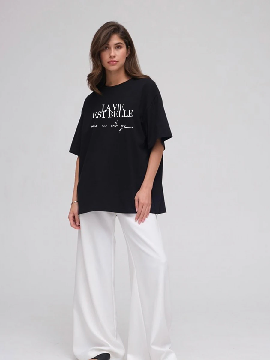 Women's Vintage Letter Print Oversized Cotton T-Shirt - Short Sleeve Tee