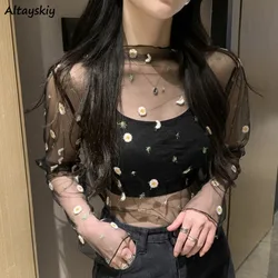 Sheer T-shirts for Women Mesh Long Sleeve Flower Print New Under Shirt All-match Thin Summer Tops Harajuku Cool Sexy High Street