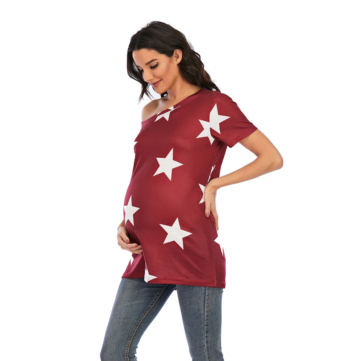 

Maternity Tees Off Shoulder T Shirt Classic Tops Tee Mothers Pullover Pregnancy Clothing Summer Women's Short Sleeve Heart Print