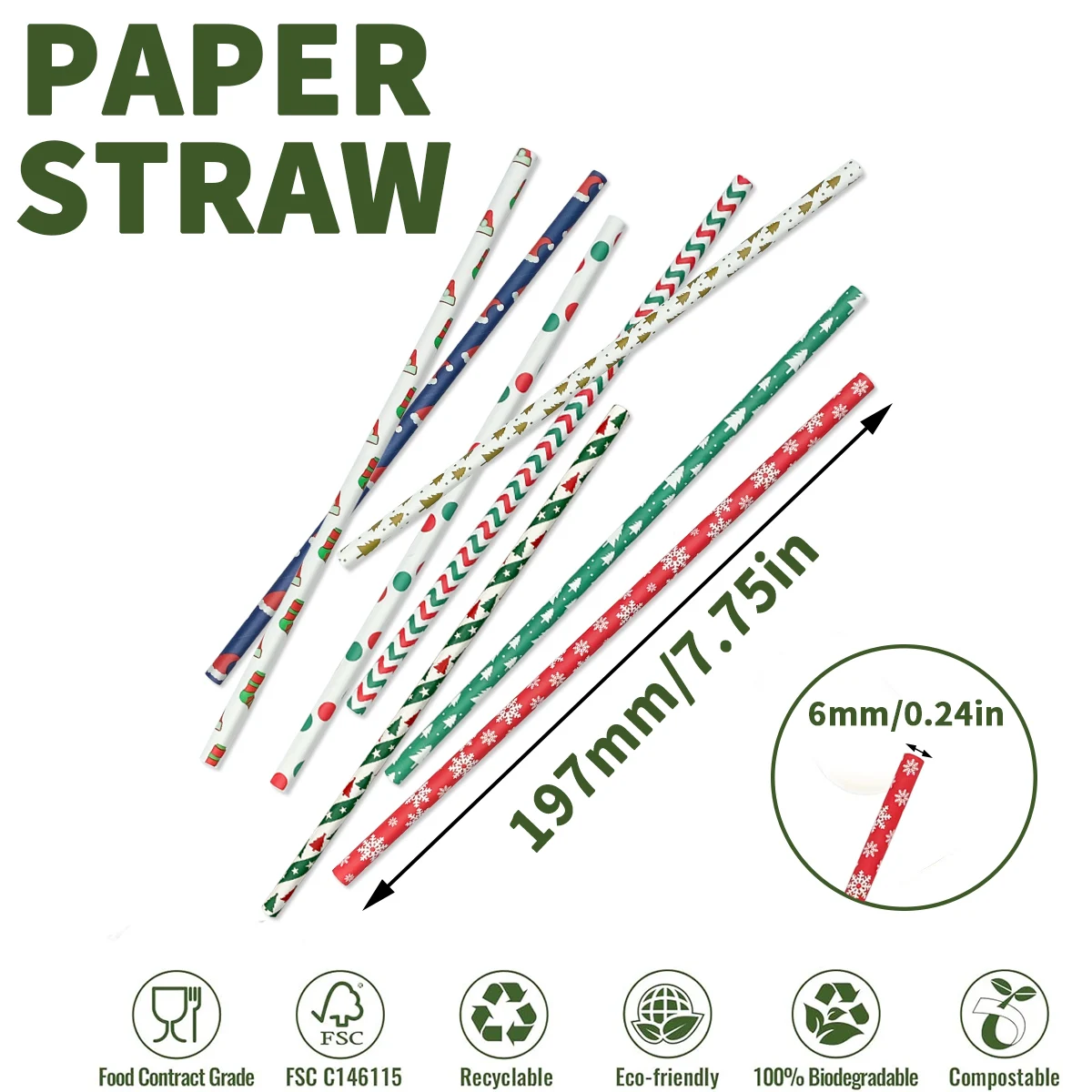 Christmas theme printed pattern disposable paper straw 25 pieces 6*197 mm, environmentally friendly soluble food grade paper str