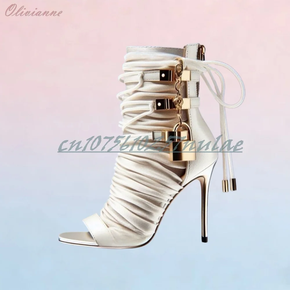 

Beige Side Lock Decor Strappy Pumps Open Toe Elegant Party Stiletto High Heel Fashion Shoes for Women Spring Pearls Cross Tied