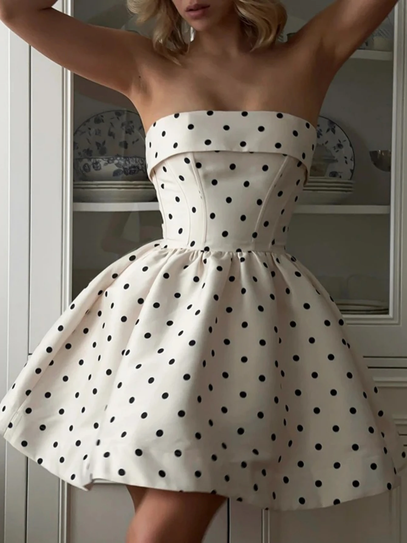 

Elegant Polka Dot Short A Line Dress Spring Sexy High Waist Off The Shoulder Dress 2026 Vintage Pleated Pullover Dresses