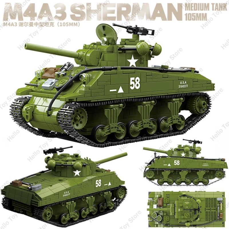 

M4A3 Sherman Medium Tank Building Blocks WW2 Tank US Armed Forces Military Army Weapon Model Armor Car Bricks Kids Toys Boy Gift