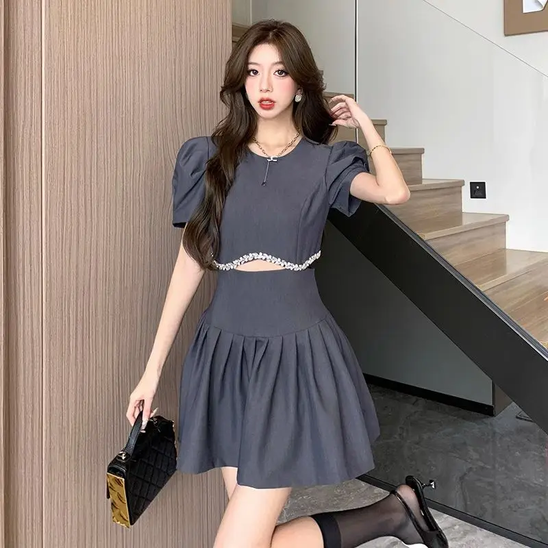 Korejpaa Elegant Women Dress 2024 Summer French Style Mini Dresses Outwear Puff Short Sleeve Slim Waist Hollow Pleated Vestidos