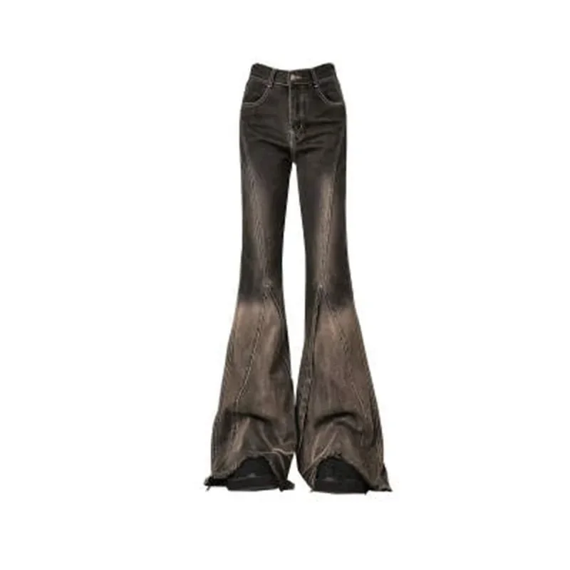 Women Brown Black Flare Jeans Vintage Y2k 90s Aesthetic Baggy Denim Trousers Emo 2000s Harajuku Wide Cowboy Pants Trashy Clothes