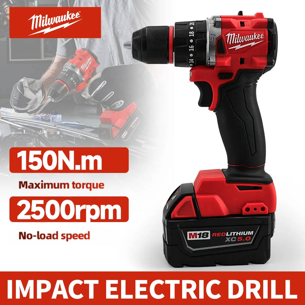 Milwaukee 150N.M Brushless Electric Impact Drill LED Lighting Cordless Screwdriver Rechargeable 18V Battery Motor Power Tools