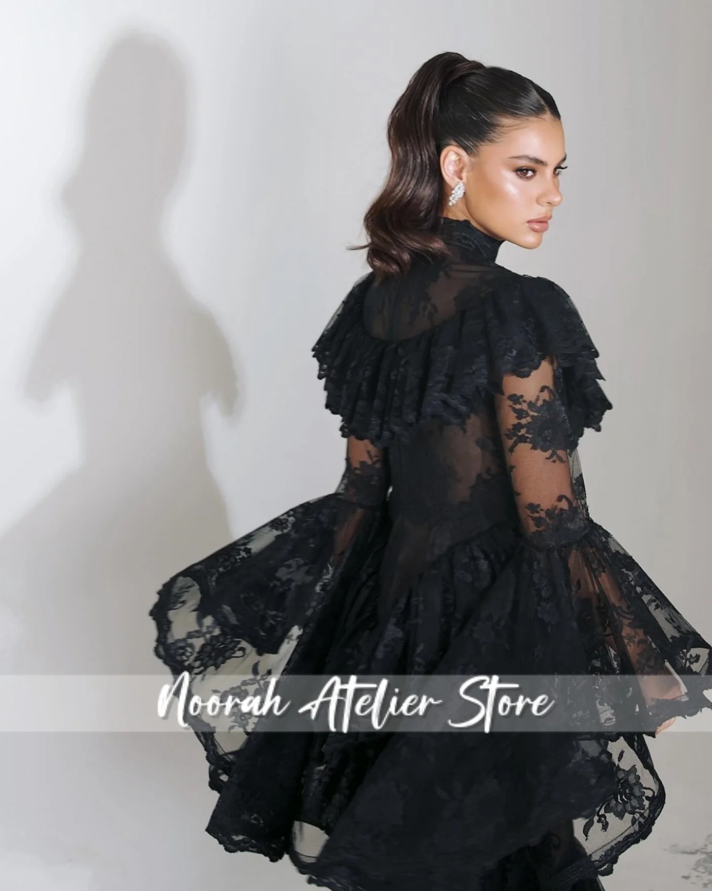 Chique preto renda mangas compridas alta n sereia babados vestido de noite feminino2025 sexy dubai ilusão vestido de festa personalizado