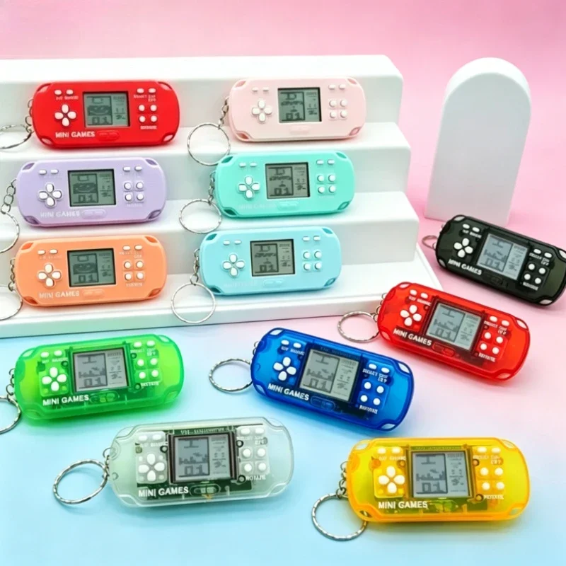 Cute Pocket Mini Tetris Game Console Keychain Portable Retro Handheld Electronic Game Toy Kids Christmas Halloween Small Present