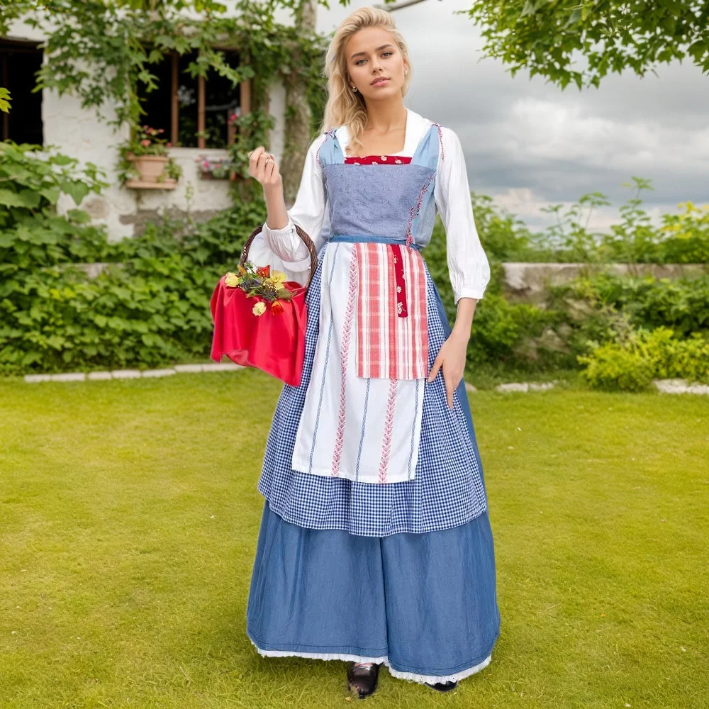 

.Women's French Sweet Blue Long Dress Manor Maid Role Play Bavaria Oktoberfest Beer Dress Theme Party Performance Costume 2025