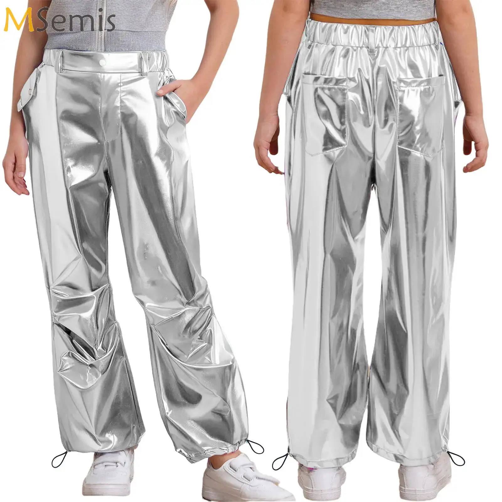 

Kids Girls HipHop Jazz Dance Costumes Dancewear Fashion Children Cargo Pants Shiny Metallic Trousers for Dancing Performance