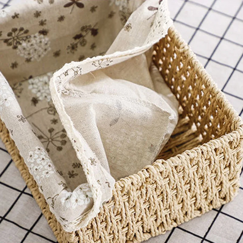 Handmade Rattan Sundries Storage Basket Pastoral Printed Fabric Dirty Clothes Baskets Table Snacks Toy Cosmetics Organizer Decor