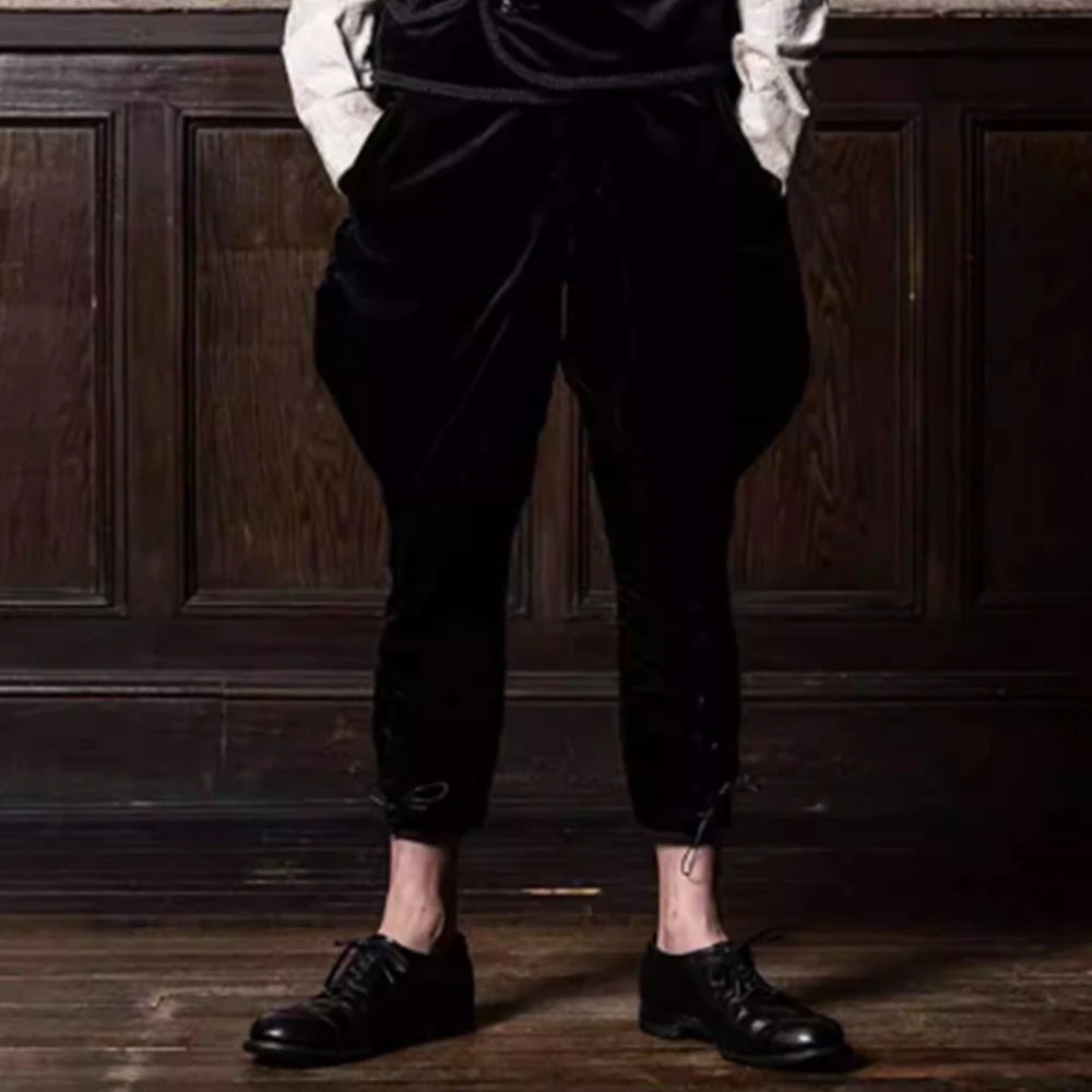 Men Retro Pants Punk Vintage Knight Cosplay Casual American Black Fleece Breeches