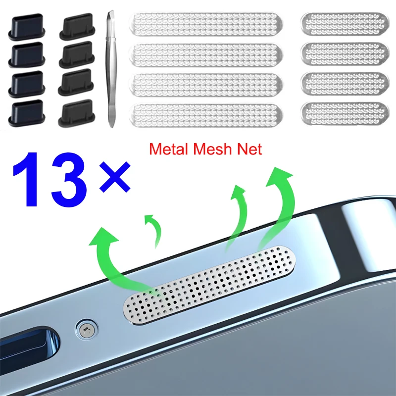 13pcs Mobile Phone Dustproof Net Stickers Charging Dust Plug Speaker Hole Anti-Dust Metal Mesh Dust Cover for iPhone 16 Samsung