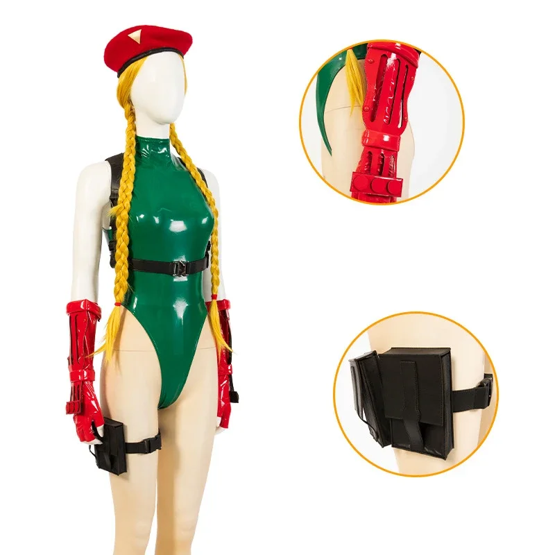 Fighting Game SF Cammy White Cosplay Leather Suit Bikini Bodysuit Glove Hat Strap Wig Stocking Halloween Costumes Women Jumpsuit