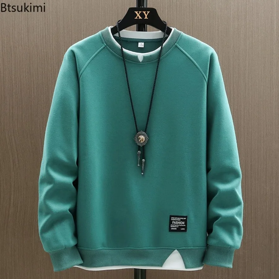 Spring New Men's Solid Casual Sweatshirts Harajuku Fashion Fake Two Pieces O-neck Hoodies Versatile Tops Hip Hop Streetwear Male