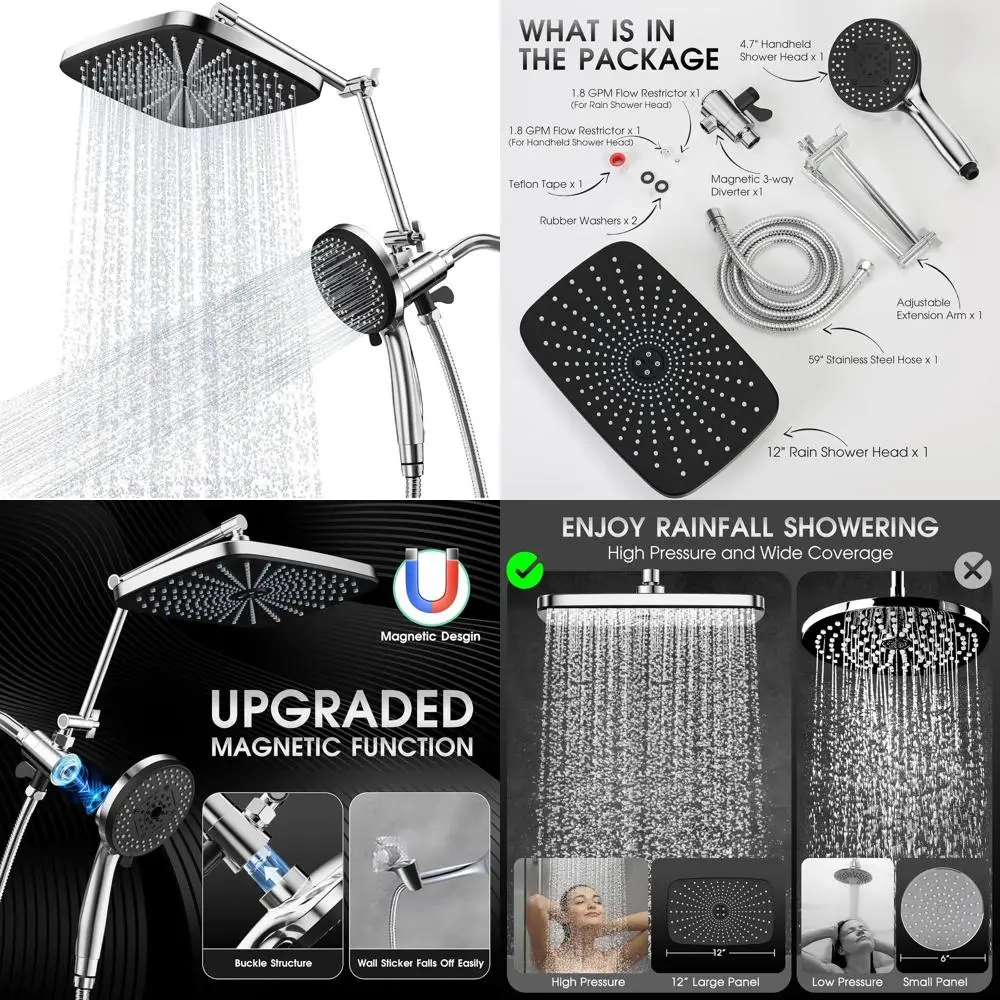 12 Magnetic 9-Mode Handheld Shower Combo with 4.7 Head, High Pressure, Adjustable Arm & 59 Hose - Chrome