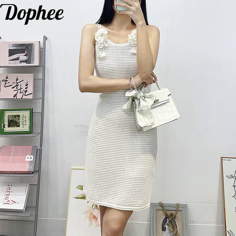 

High Quality 2024 Summer Romantic Vacation Leisure Fairy Beach Dress Women Hollow Out 3d Flowers Sleeveless A-line Strap Dress