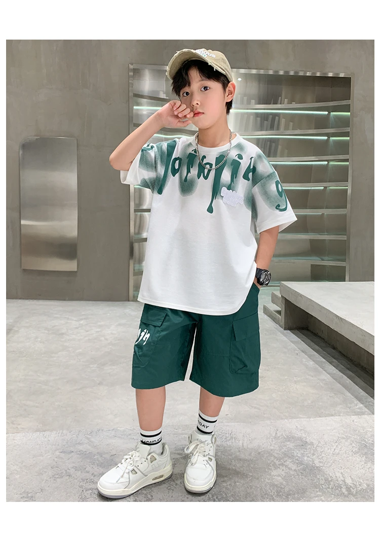 Heißer Verkauf Jungen Sommer Mode Baumwolle 2-teilige Kurzarm-T-Shirts + Shorts Anzüge 5-14 Jahre Kinder Freizeitkleidung Kinderbekleidungssets – Detail 6