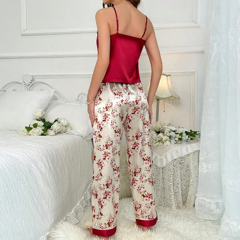 Women\'s Home Clothes Luxurious Floral Print Satin Pajama Set Elegant V-Neck Backless Cami Top & Elastic Waist Long Pants Pyjama