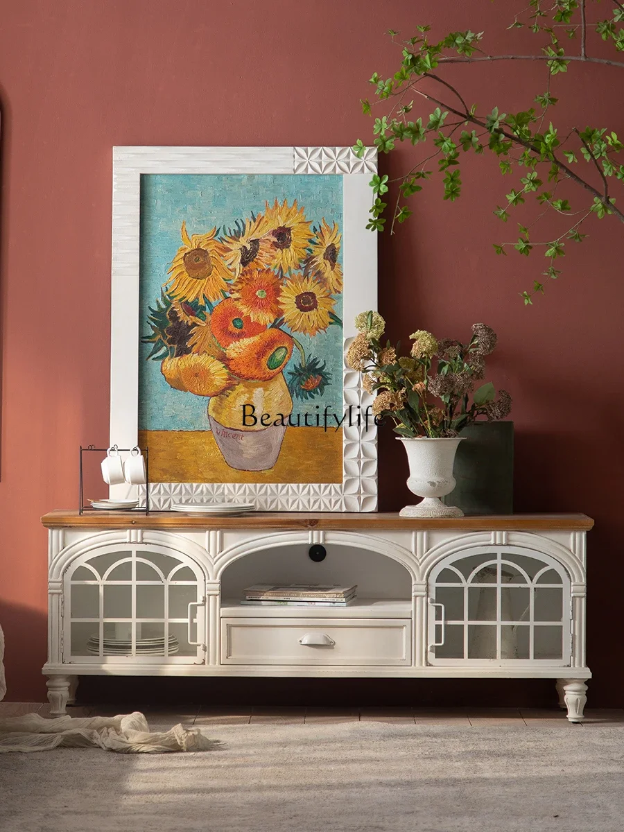 

yj9American retro old TV cabinet, living room storage small apartment, European white simple wall low cabinet